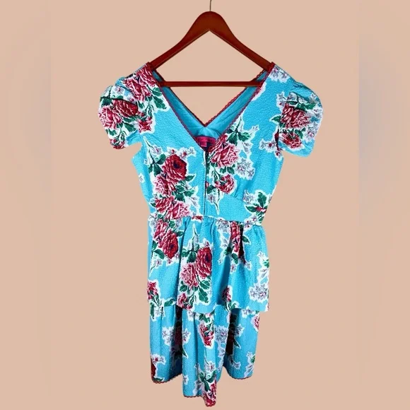 Betsey Johnson Teal Blue Floral Babydoll Tiered seersucker Tea Dress - Picture 5 of 10